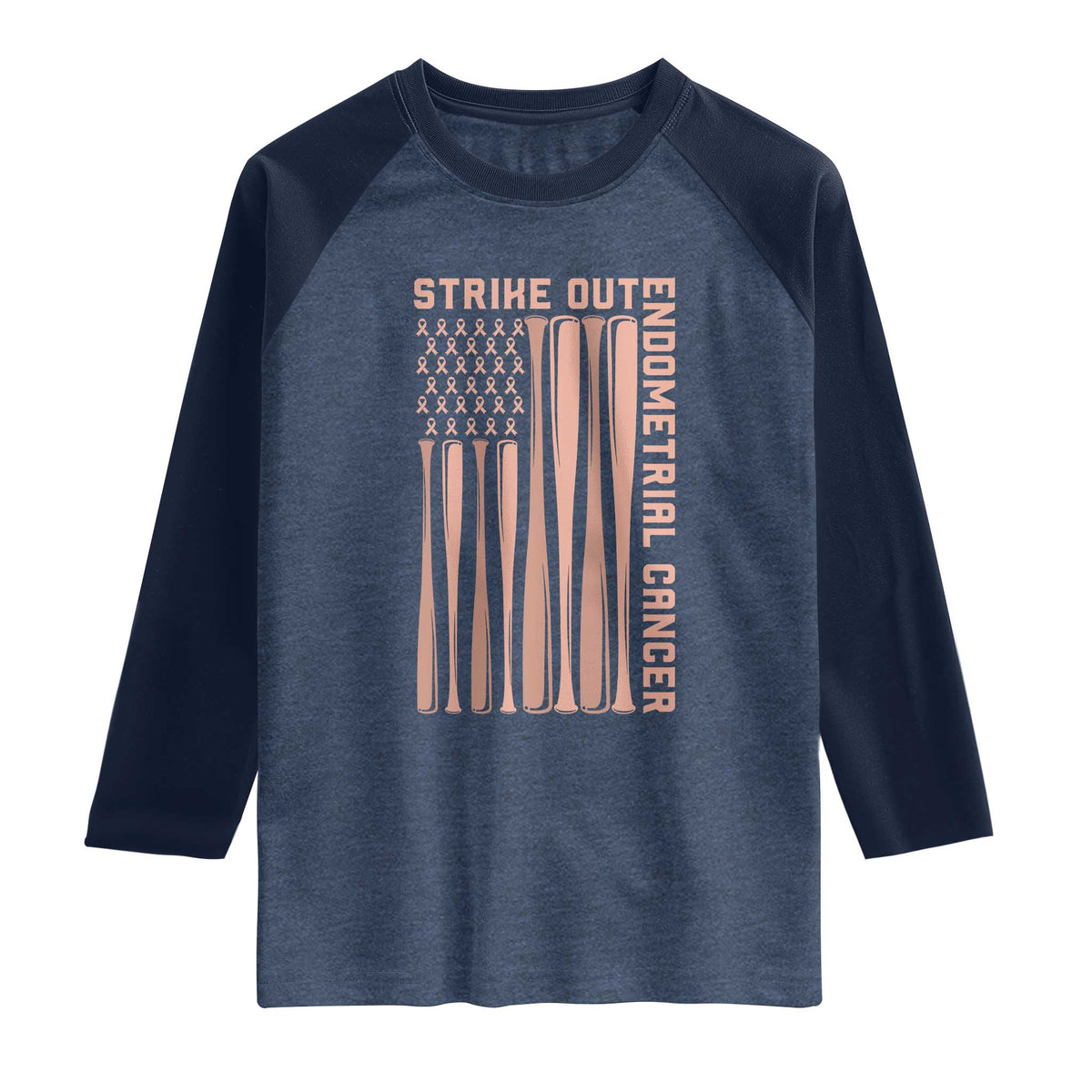 Strike Out Endometrial Cancer Baseball Raglan Shirt Peach Ribbon American Flag Support Gift