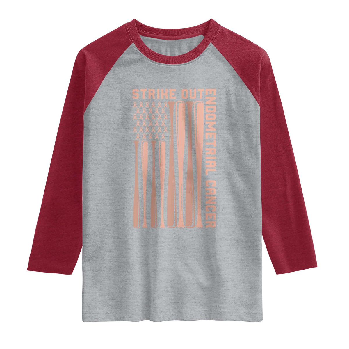 Strike Out Endometrial Cancer Baseball Raglan Shirt Peach Ribbon American Flag Support Gift