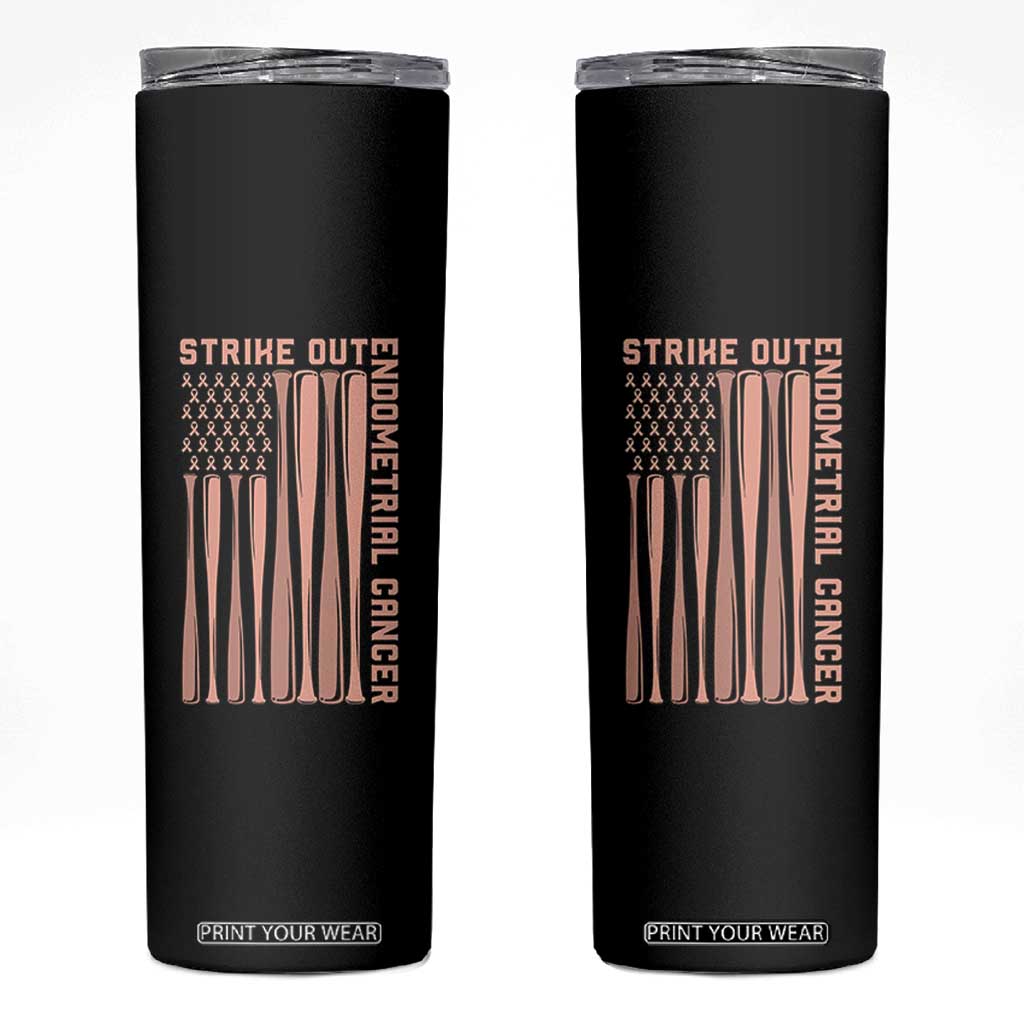 Strike Out Endometrial Cancer Baseball Skinny Tumbler Peach Ribbon American Flag Support Gift
