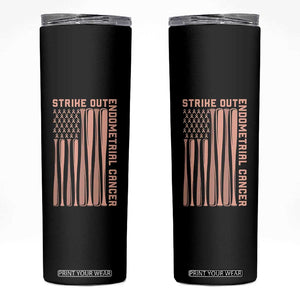 Strike Out Endometrial Cancer Baseball Skinny Tumbler Peach Ribbon American Flag Support Gift