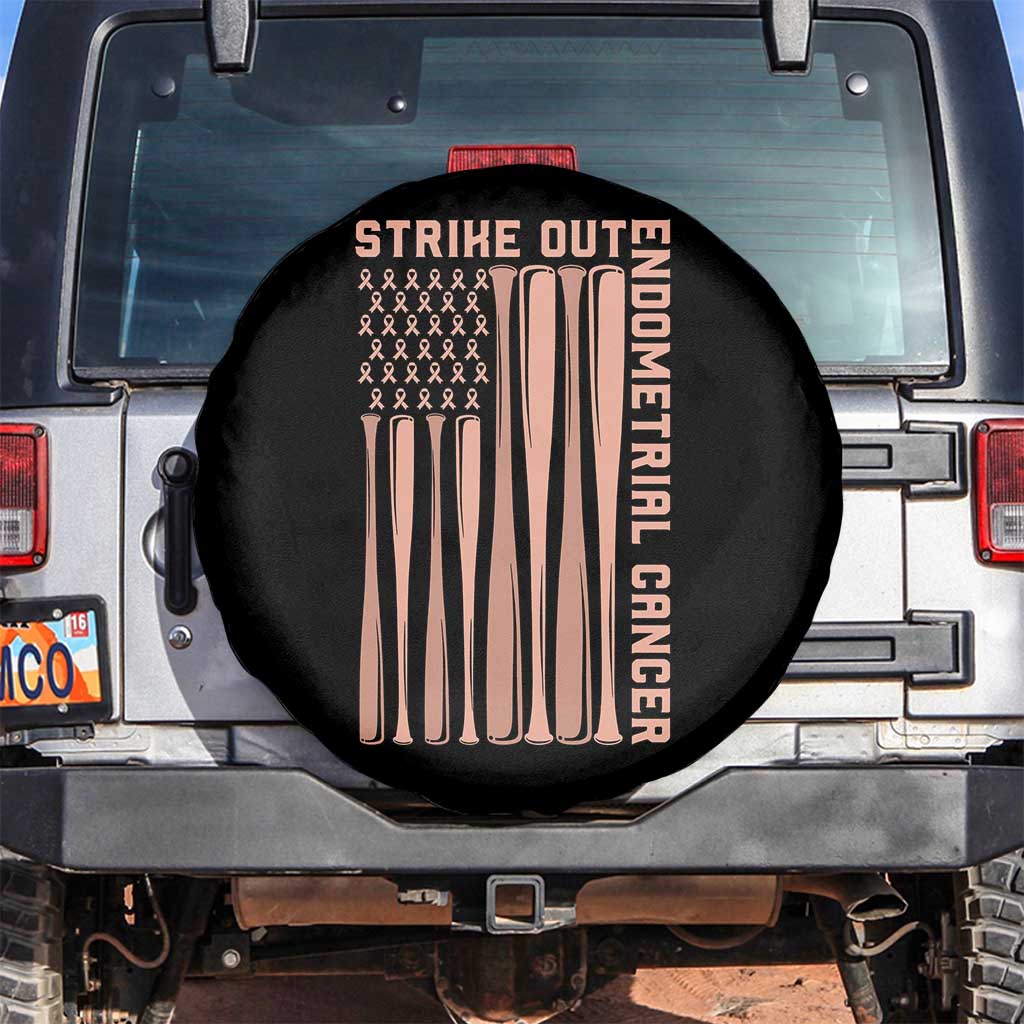 Strike Out Endometrial Cancer Baseball Spare Tire Cover Peach Ribbon American Flag Support Gift TS12 No hole Black Print Your Wear