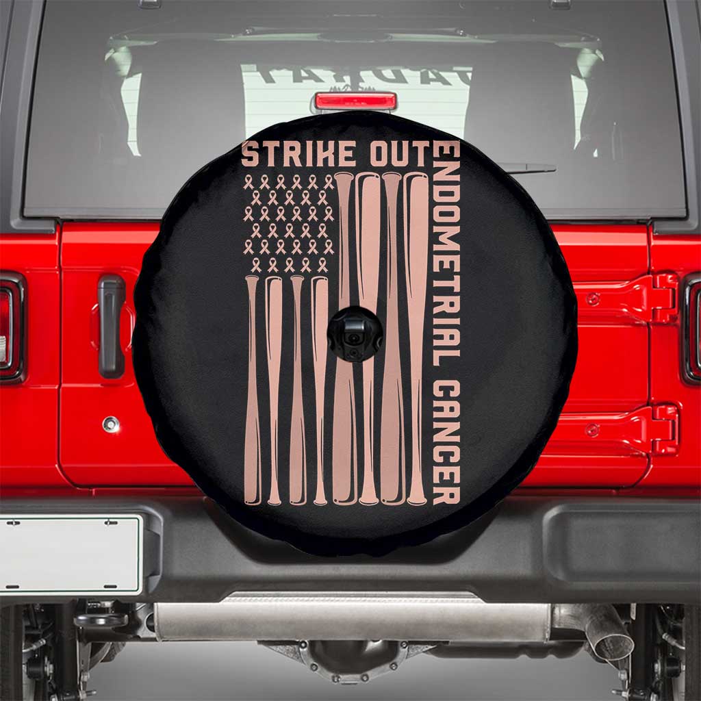 Strike Out Endometrial Cancer Baseball Spare Tire Cover Peach Ribbon American Flag Support Gift