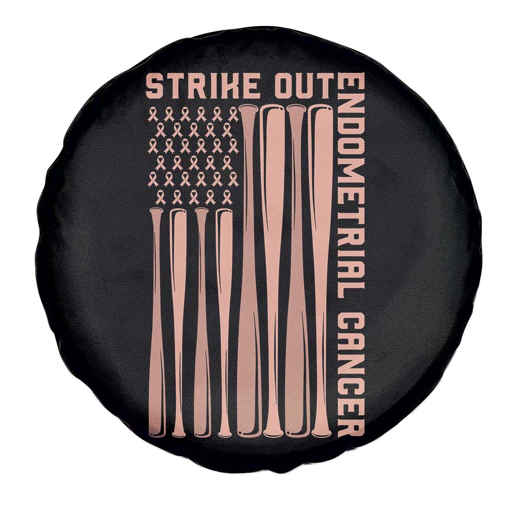 Strike Out Endometrial Cancer Baseball Spare Tire Cover Peach Ribbon American Flag Support Gift
