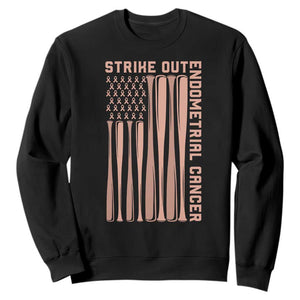 Strike Out Endometrial Cancer Baseball Sweatshirt Peach Ribbon American Flag Support Gift