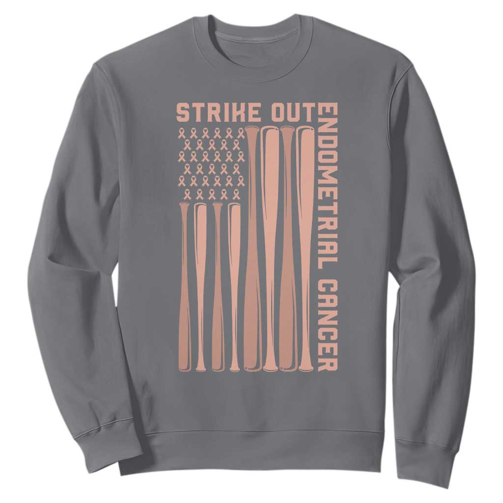 Strike Out Endometrial Cancer Baseball Sweatshirt Peach Ribbon American Flag Support Gift