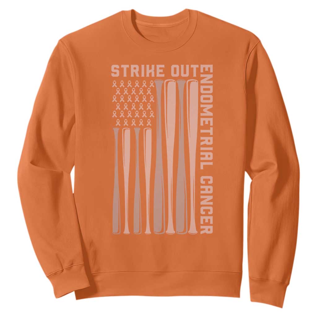 Strike Out Endometrial Cancer Baseball Sweatshirt Peach Ribbon American Flag Support Gift