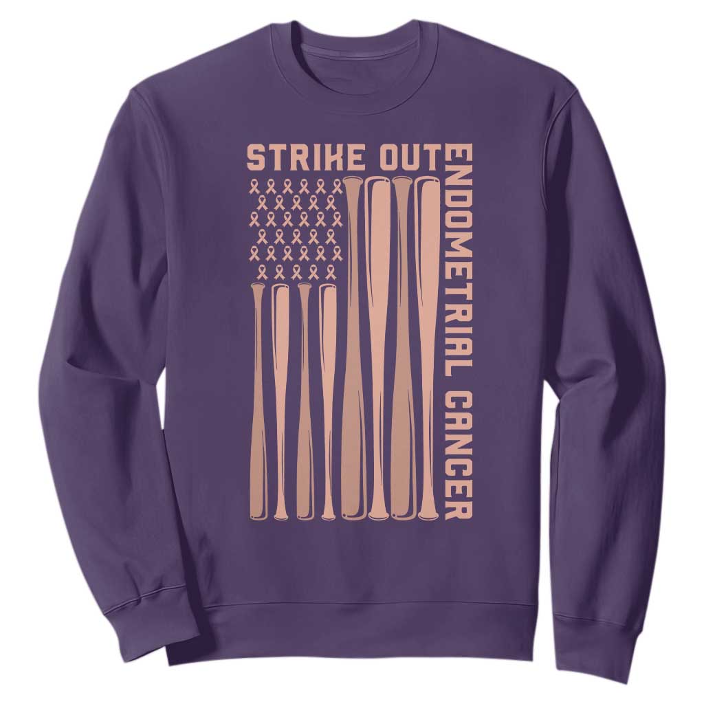 Strike Out Endometrial Cancer Baseball Sweatshirt Peach Ribbon American Flag Support Gift