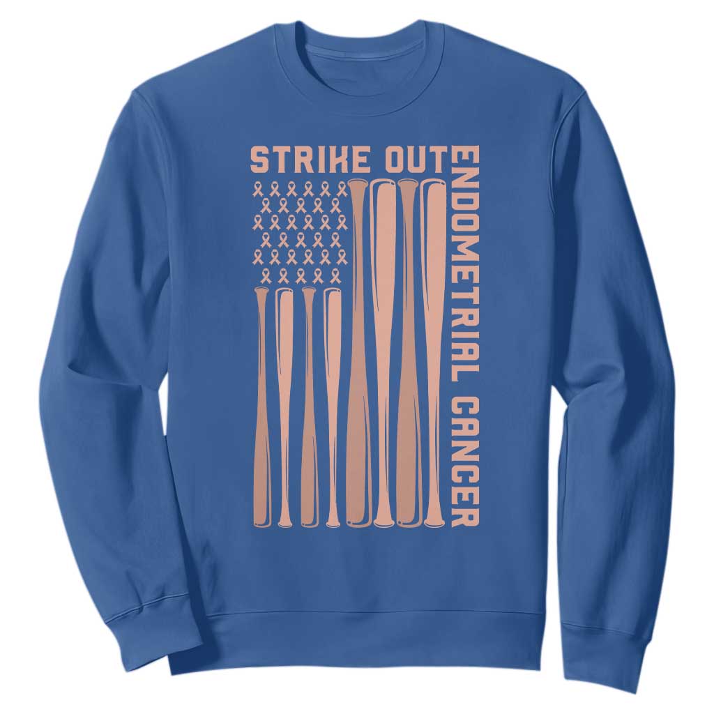 Strike Out Endometrial Cancer Baseball Sweatshirt Peach Ribbon American Flag Support Gift