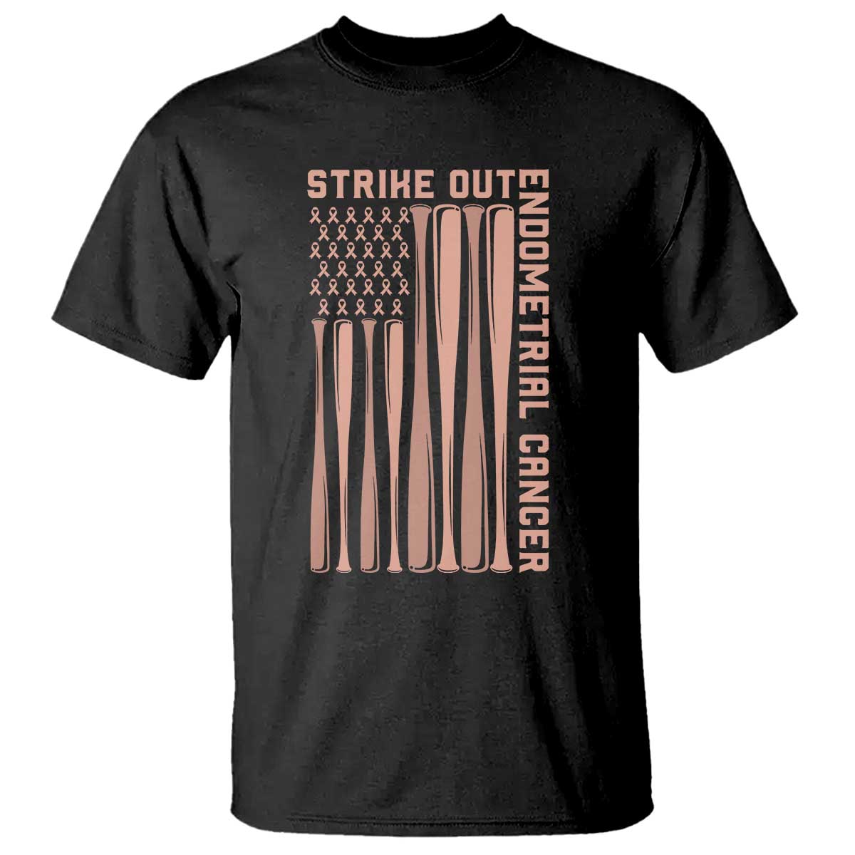 Strike Out Endometrial Cancer Baseball T Shirt Peach Ribbon American Flag Support Gift