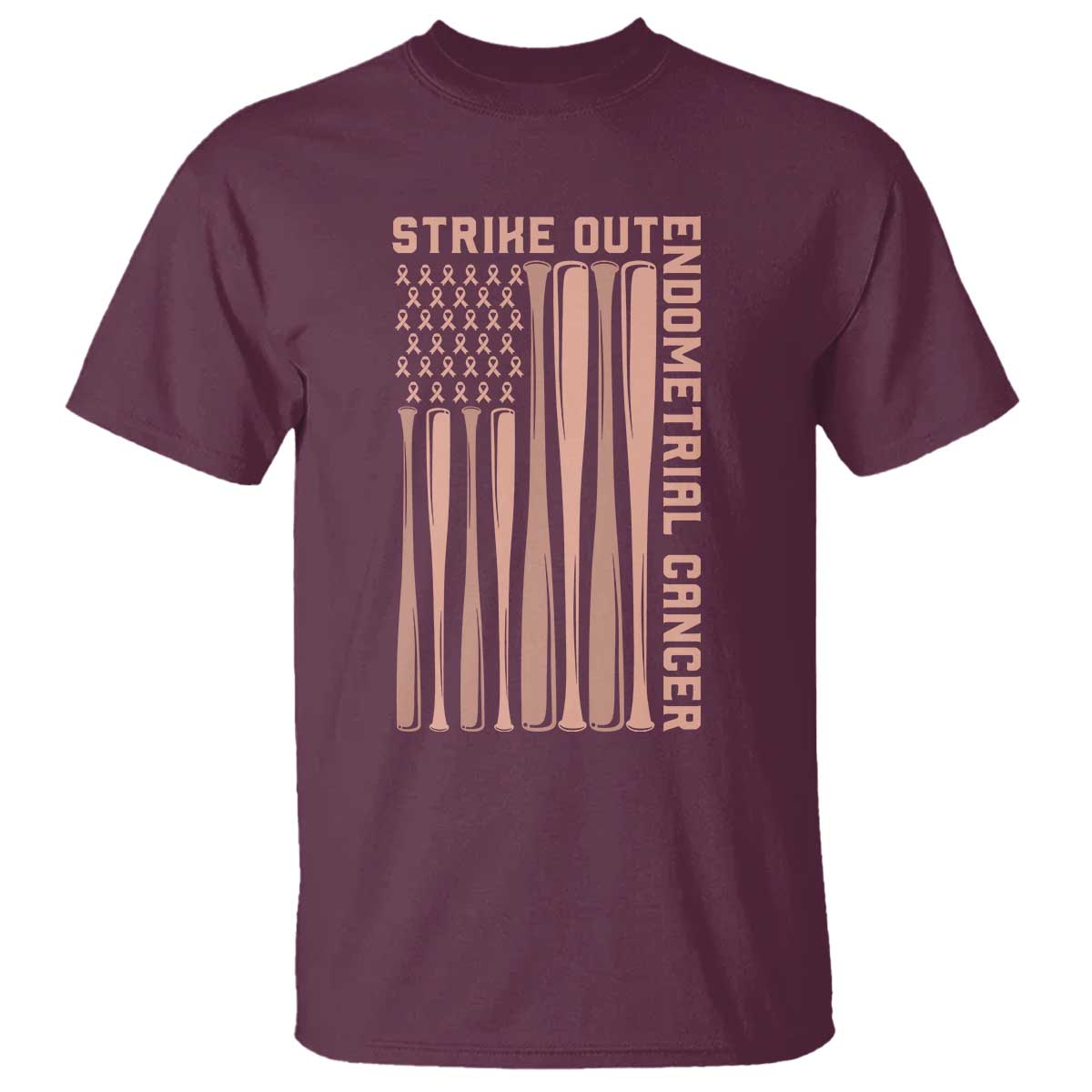 Strike Out Endometrial Cancer Baseball T Shirt Peach Ribbon American Flag Support Gift