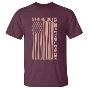 Strike Out Endometrial Cancer Baseball T Shirt Peach Ribbon American Flag Support Gift