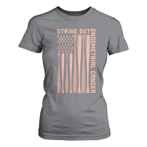 Strike Out Endometrial Cancer Baseball T Shirt For Women Peach Ribbon American Flag Support Gift