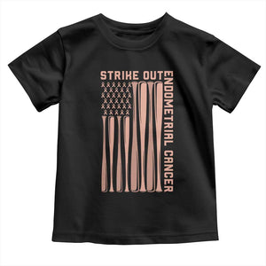 Strike Out Endometrial Cancer Baseball Toddler T Shirt Peach Ribbon American Flag Support Gift