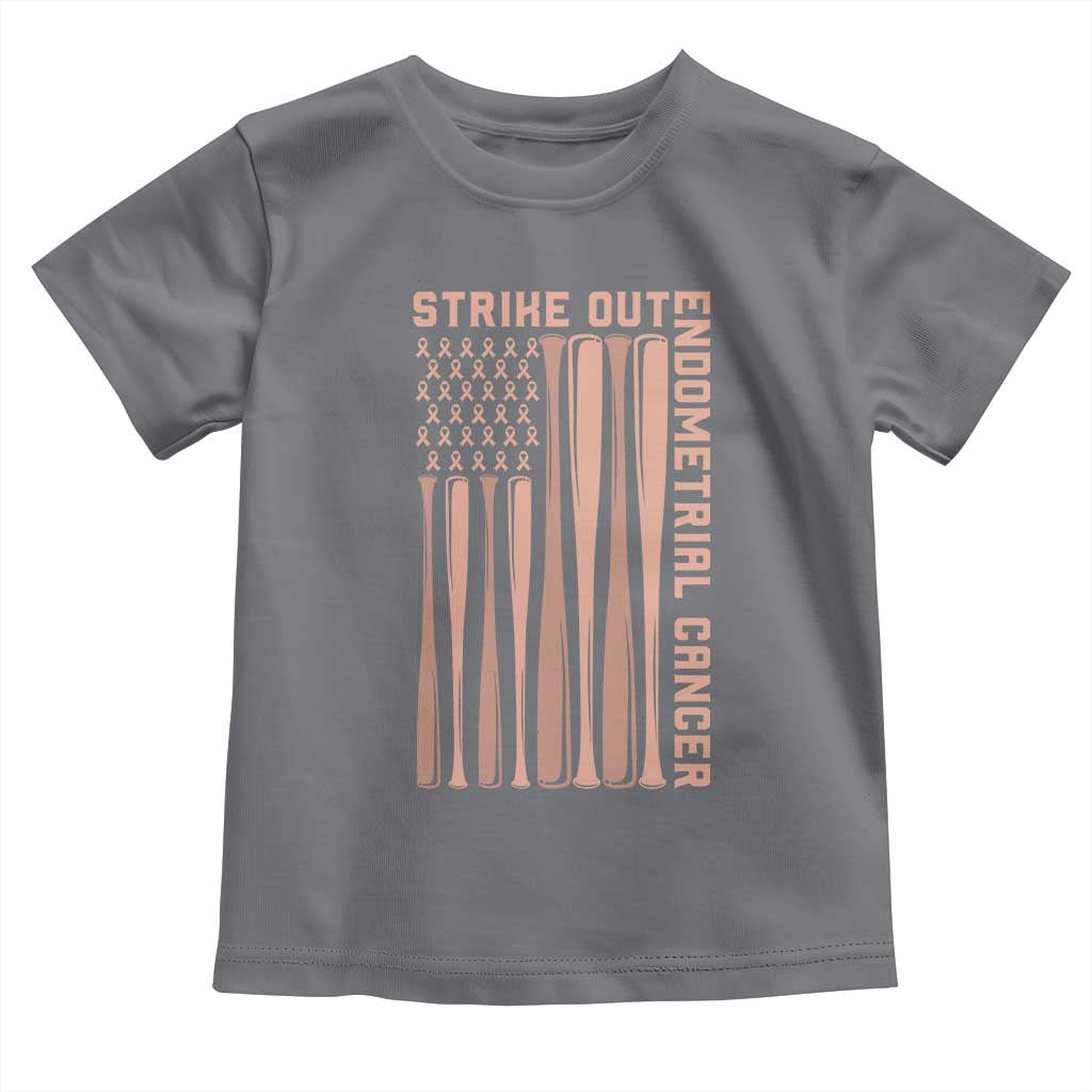 Strike Out Endometrial Cancer Baseball Toddler T Shirt Peach Ribbon American Flag Support Gift