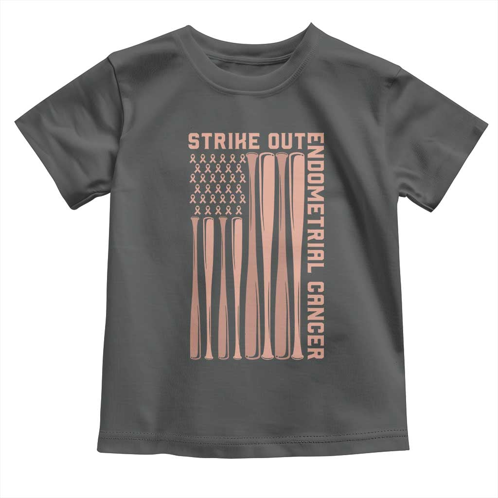 Strike Out Endometrial Cancer Baseball Toddler T Shirt Peach Ribbon American Flag Support Gift