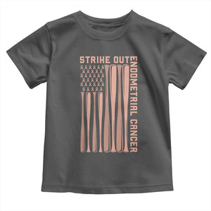 Strike Out Endometrial Cancer Baseball Toddler T Shirt Peach Ribbon American Flag Support Gift