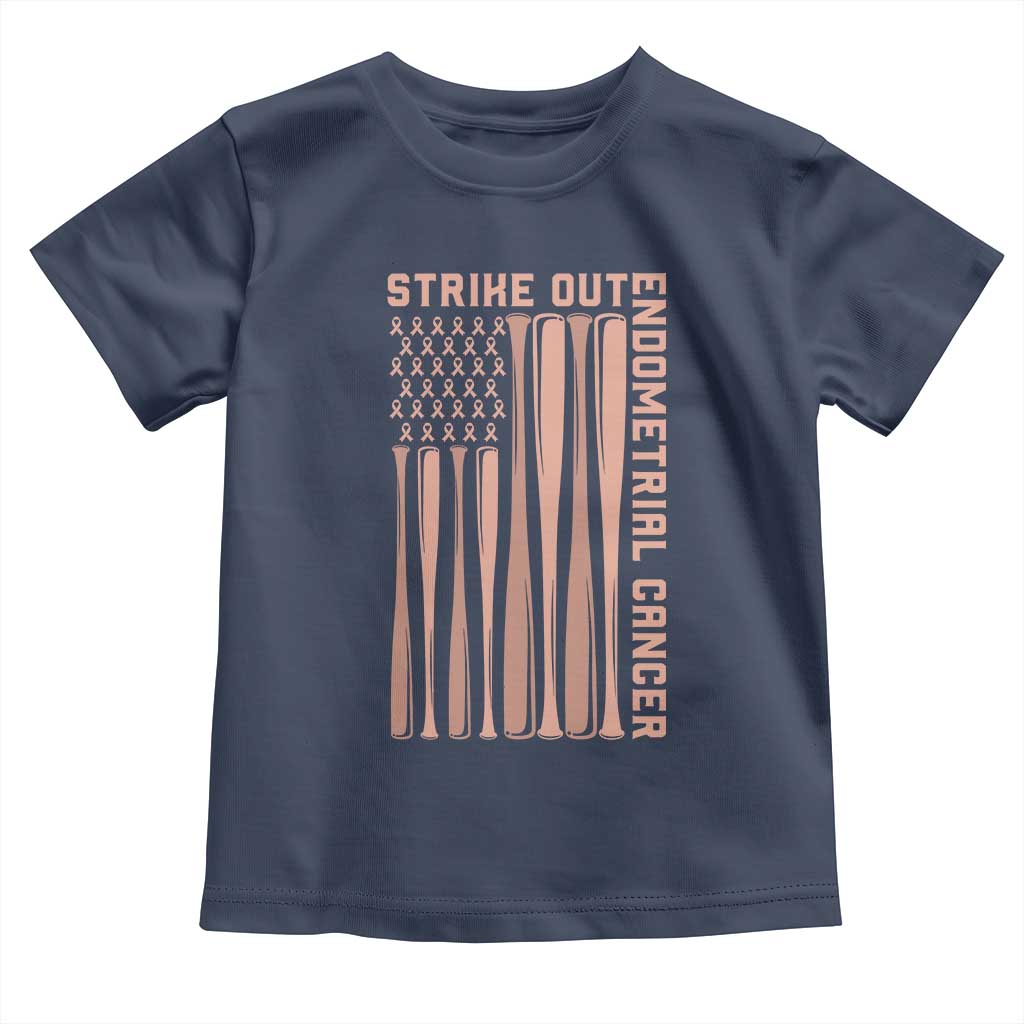 Strike Out Endometrial Cancer Baseball Toddler T Shirt Peach Ribbon American Flag Support Gift