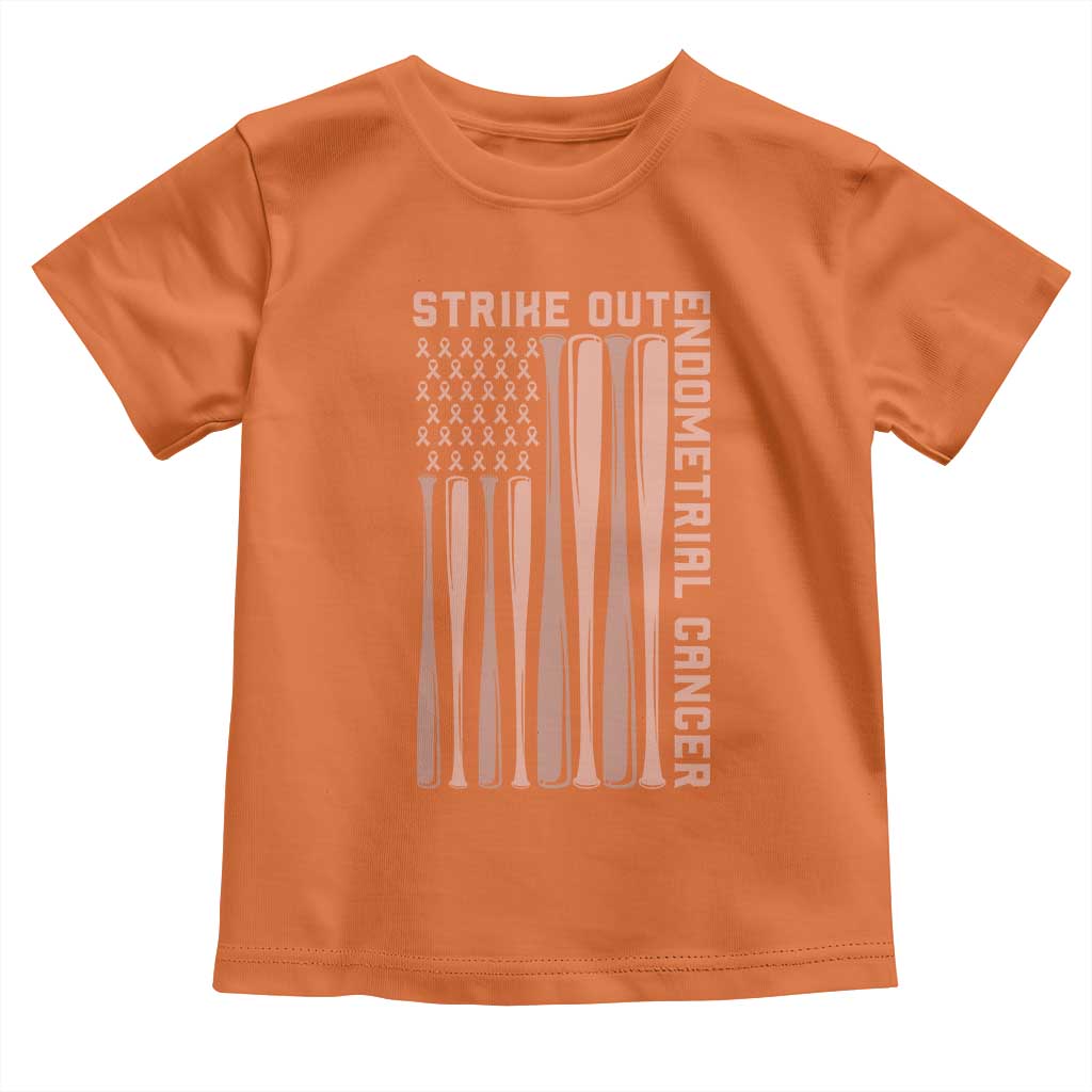 Strike Out Endometrial Cancer Baseball Toddler T Shirt Peach Ribbon American Flag Support Gift