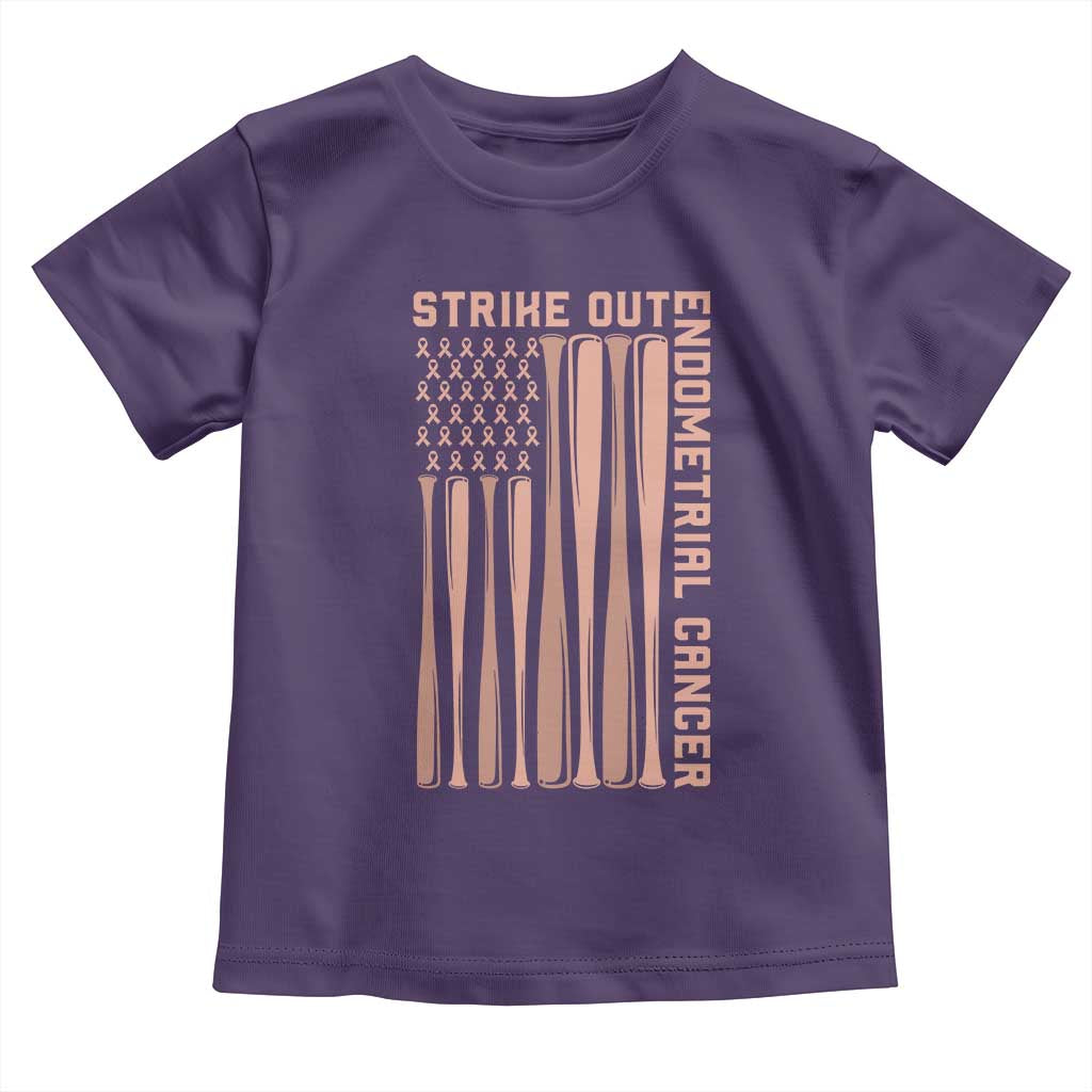Strike Out Endometrial Cancer Baseball Toddler T Shirt Peach Ribbon American Flag Support Gift