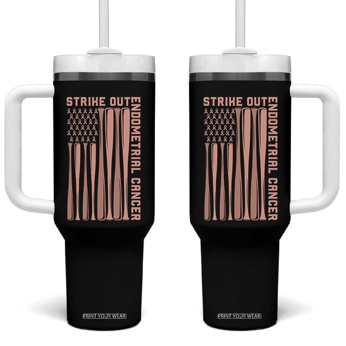 Strike Out Endometrial Cancer Baseball Tumbler With Handle Peach Ribbon American Flag Support Gift