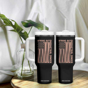 Strike Out Endometrial Cancer Baseball Tumbler With Handle Peach Ribbon American Flag Support Gift