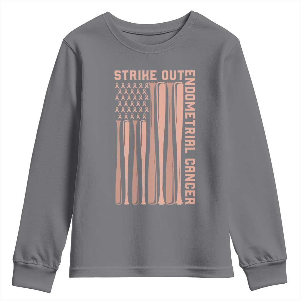 Strike Out Endometrial Cancer Baseball Youth Sweatshirt Peach Ribbon American Flag Support Gift
