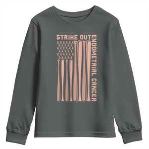 Strike Out Endometrial Cancer Baseball Youth Sweatshirt Peach Ribbon American Flag Support Gift