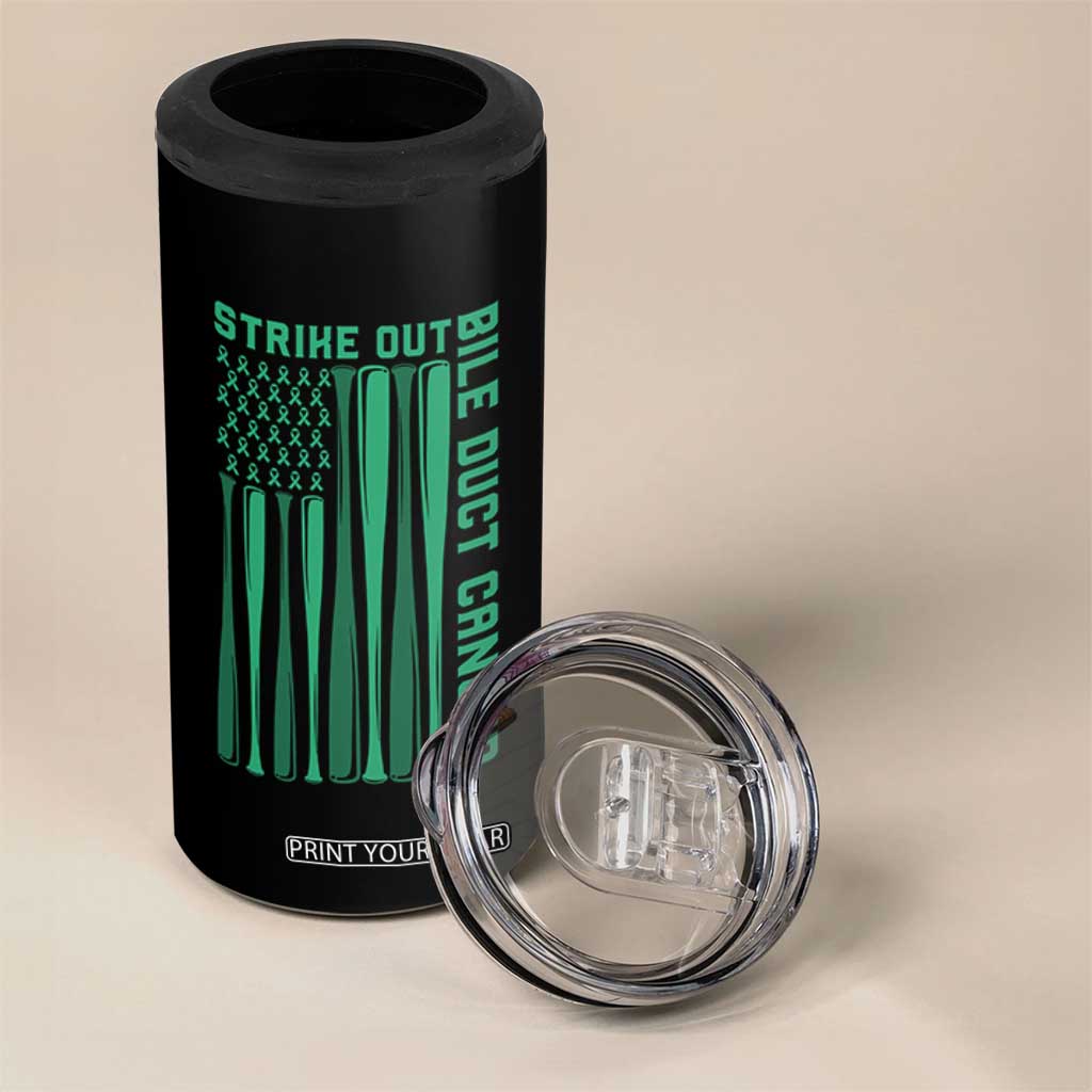 Strike Out Bile Duct Cancer 4 in 1 Can Cooler Tumbler Baseball American Flag Hope Gift