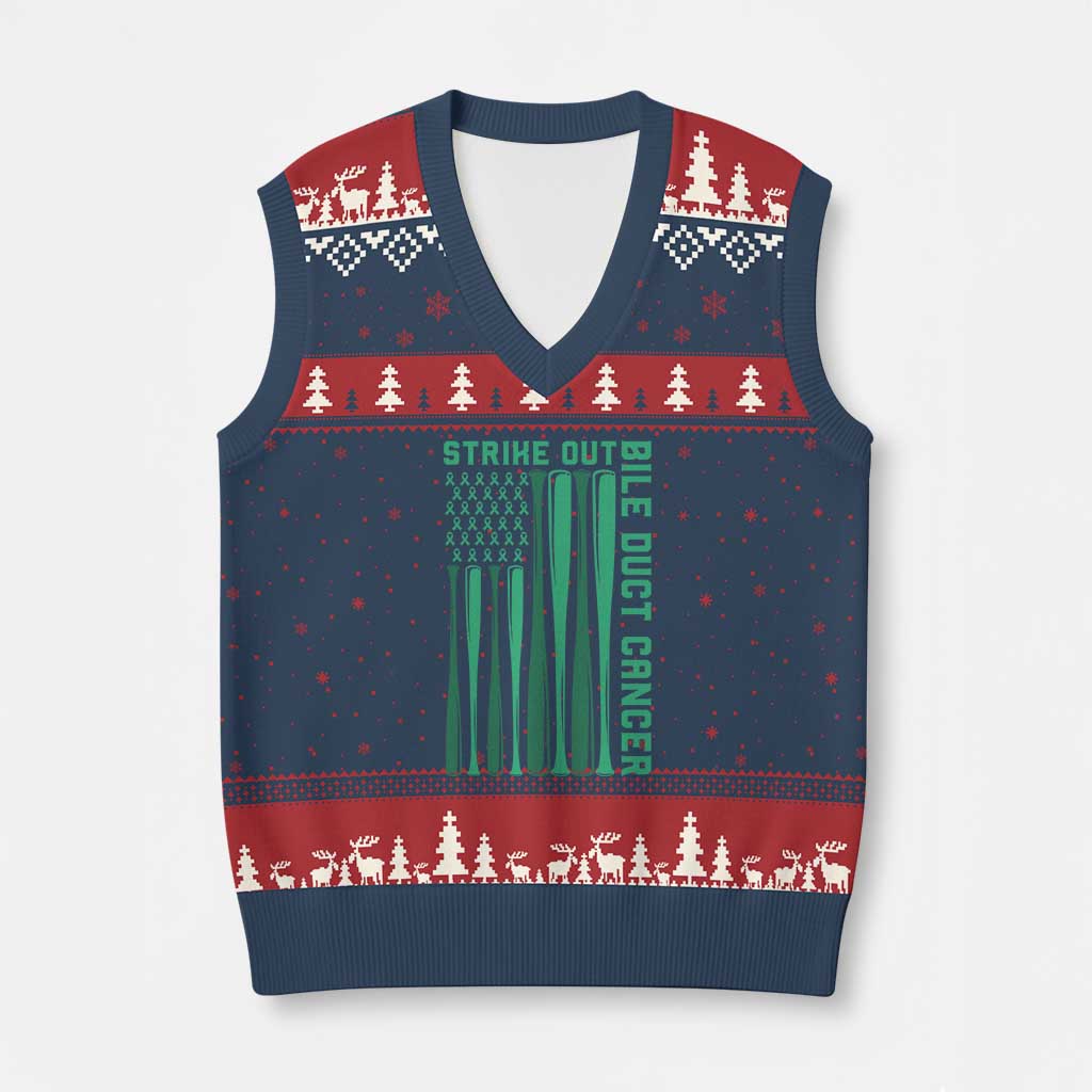 Strike Out Bile Duct Cancer V-Neck Knit Sweater Vest Baseball American Flag Hope Gift