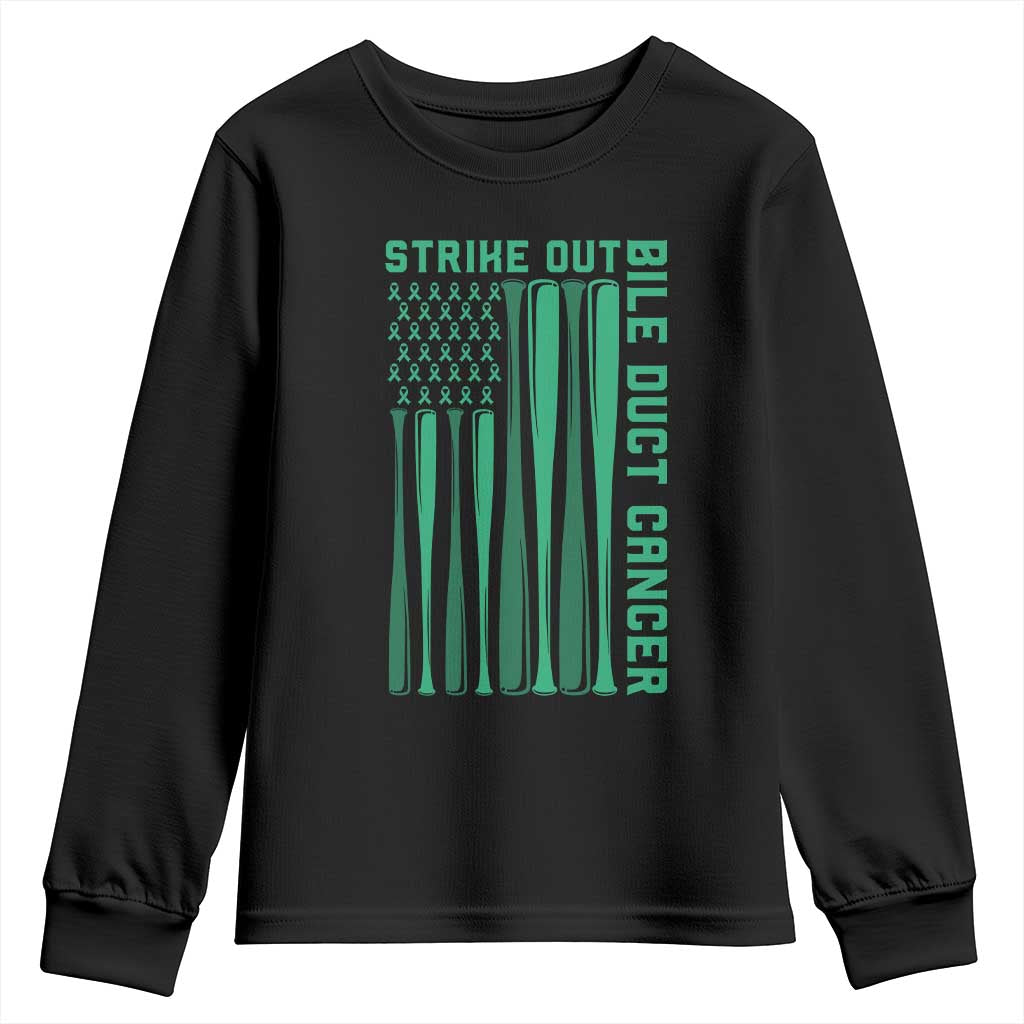 Strike Out Bile Duct Cancer Youth Sweatshirt Baseball American Flag Hope Gift TS12 Black Print Your Wear