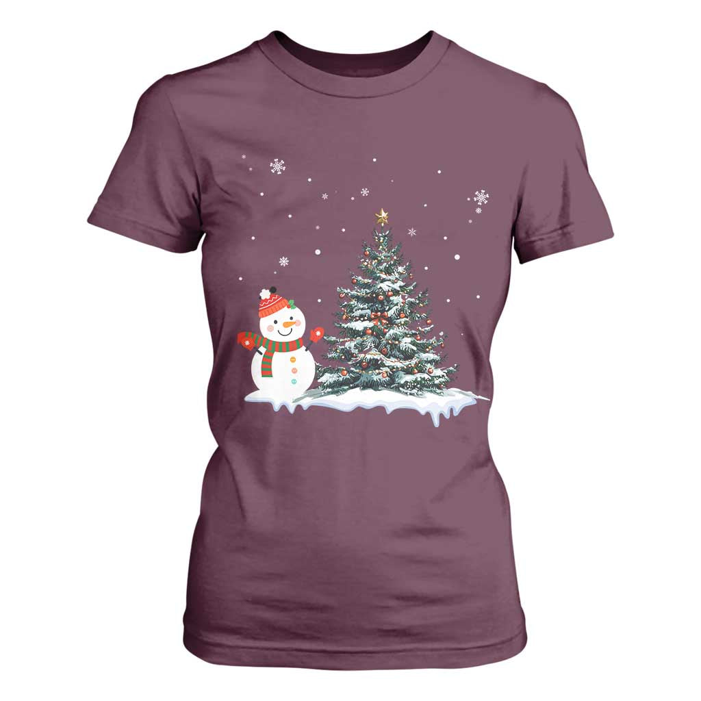 Christmas Snowman T Shirt For Women Funny Snowmen With Christmas Tree TS12 Maroon Print Your Wear
