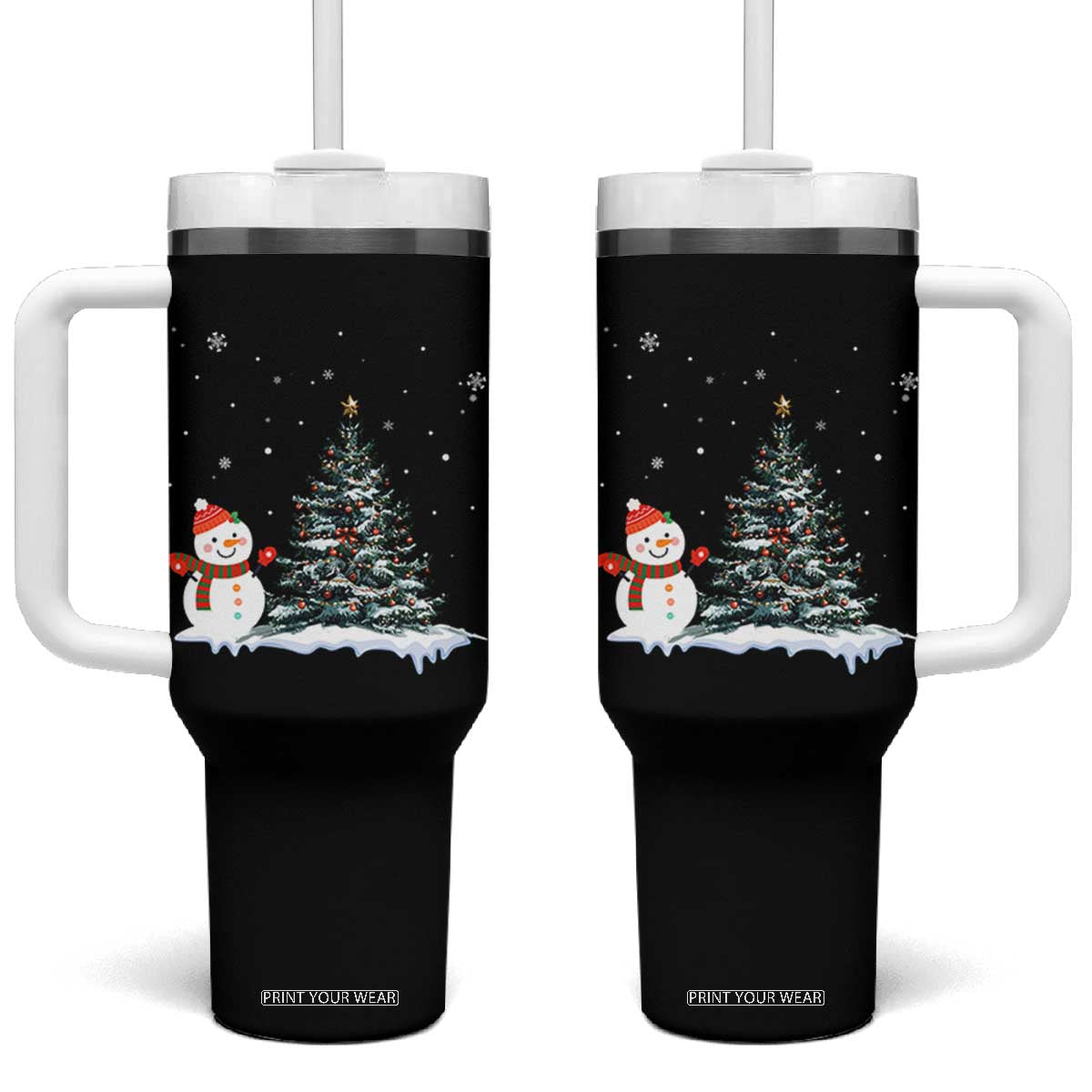 Christmas Snowman Tumbler With Handle Funny Snowmen With Christmas Tree TS12 One Size: 40 oz Black Print Your Wear