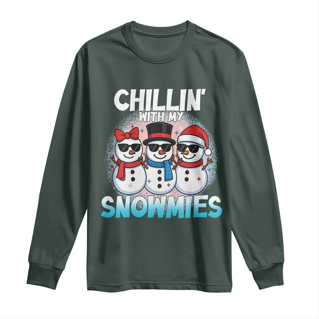 Christmas Snowman Long Sleeve Shirt Chillin With My Snowmies Christmas Snowman TS12 Dark Forest Green Print Your Wear