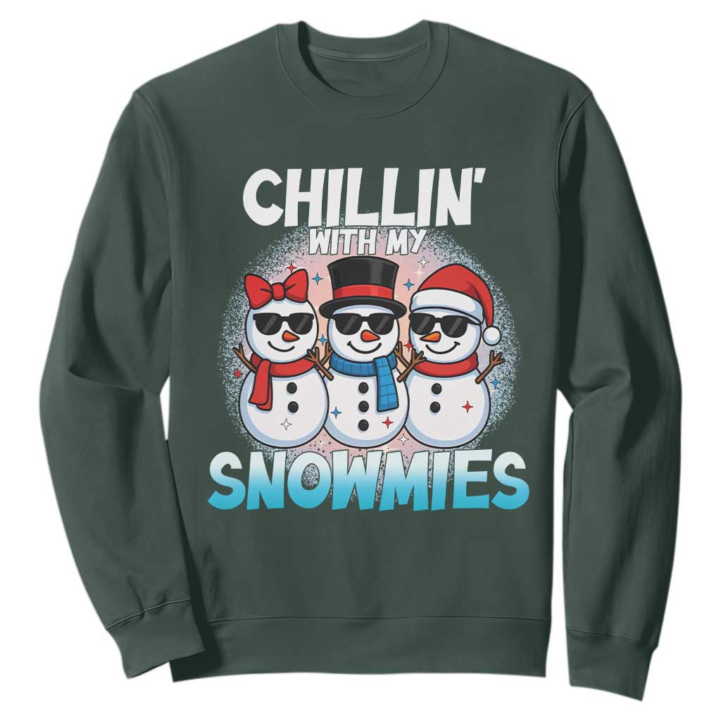 Christmas Snowman Sweatshirt Chillin With My Snowmies Christmas Snowman TS12 Dark Forest Green Print Your Wear