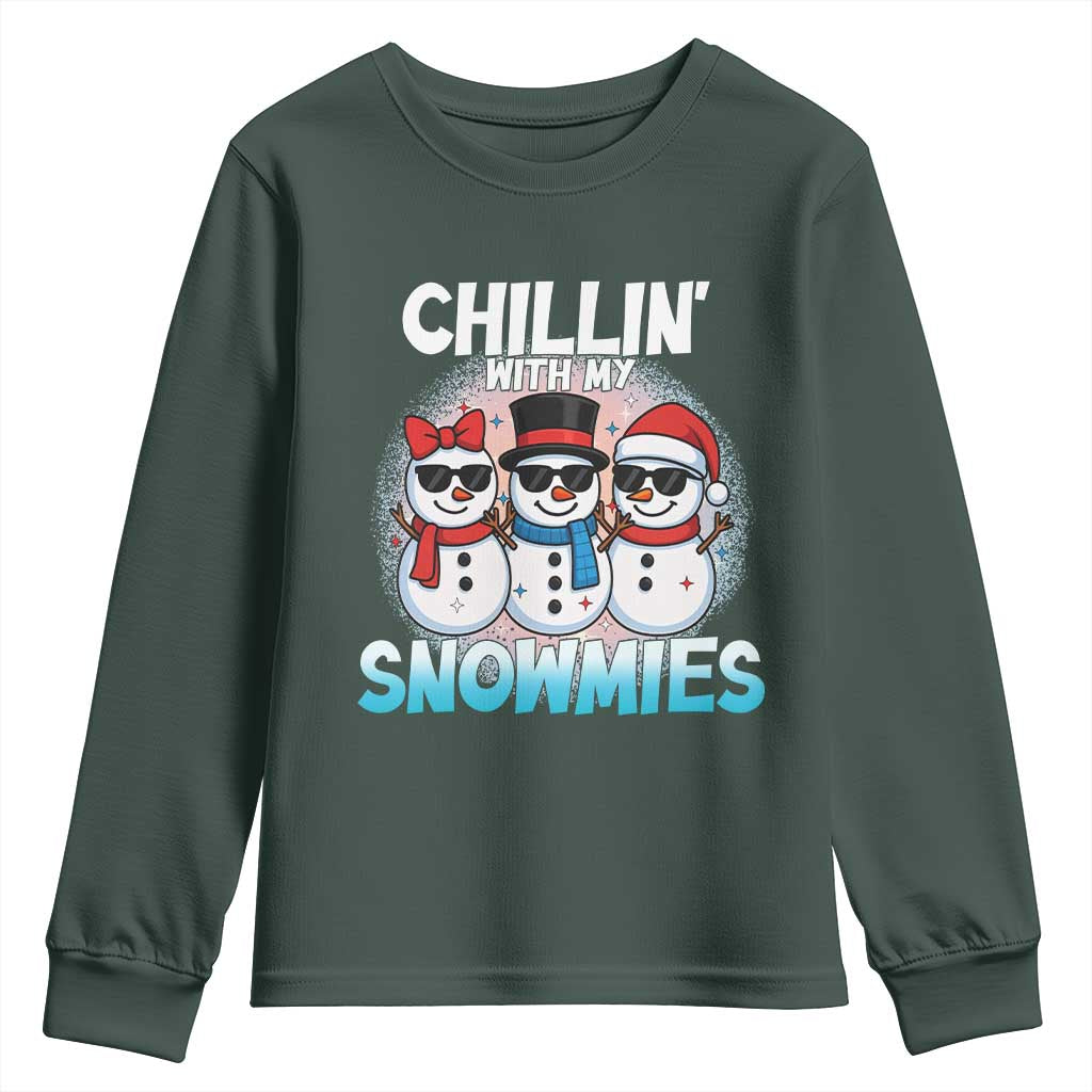 Christmas Snowman Youth Sweatshirt Chillin With My Snowmies Christmas Snowman TS12 Dark Forest Green Print Your Wear