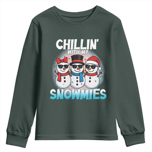 Christmas Snowman Youth Sweatshirt Chillin With My Snowmies Christmas Snowman TS12 Dark Forest Green Print Your Wear