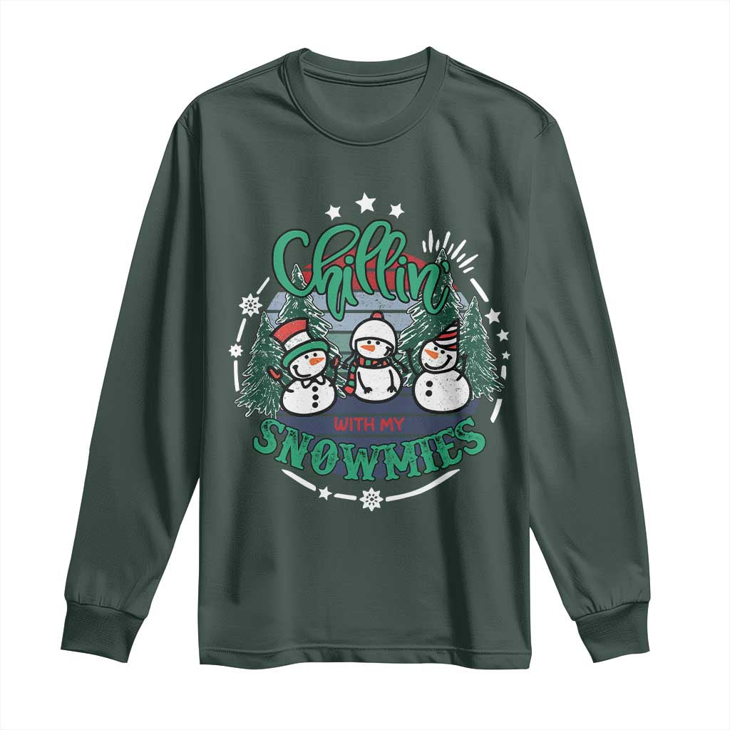 Christmas Snowman Long Sleeve Shirt Chillin With My Snowmies Cute Winter TS12 Dark Forest Green Print Your Wear