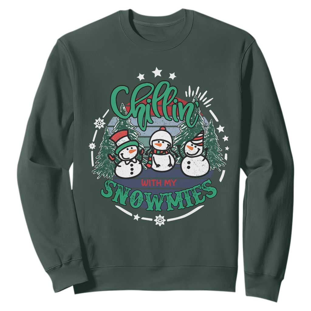 Christmas Snowman Sweatshirt Chillin With My Snowmies Cute Winter TS12 Dark Forest Green Print Your Wear