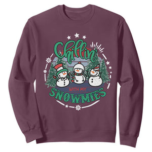 Christmas Snowman Sweatshirt Chillin With My Snowmies Cute Winter TS12 Maroon Print Your Wear