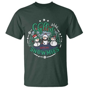 Christmas Snowman T Shirt Chillin With My Snowmies Cute Winter TS12 Dark Forest Green Print Your Wear
