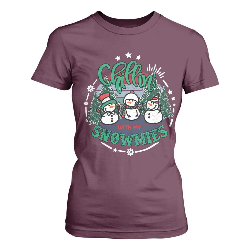 Christmas Snowman T Shirt For Women Chillin With My Snowmies Cute Winter TS12 Maroon Print Your Wear