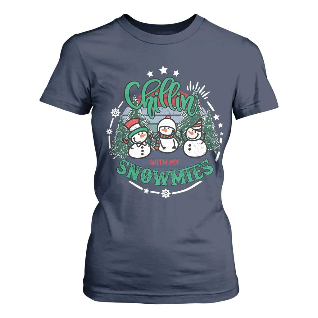 Christmas Snowman T Shirt For Women Chillin With My Snowmies Cute Winter TS12 Navy Print Your Wear