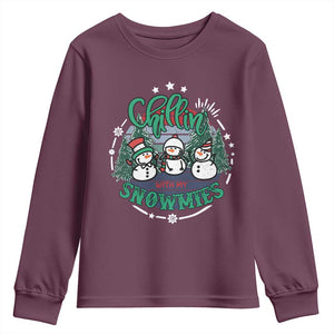 Christmas Snowman Youth Sweatshirt Chillin With My Snowmies Cute Winter TS12 Maroon Print Your Wear