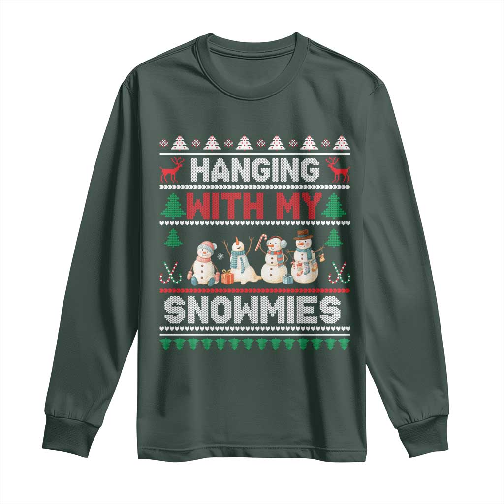 Christmas Snowman Long Sleeve Shirt Hanging With My Snowmies Merry Xmas TS12 Dark Forest Green Print Your Wear