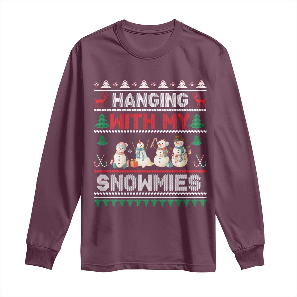 Christmas Snowman Long Sleeve Shirt Hanging With My Snowmies Merry Xmas TS12 Maroon Print Your Wear