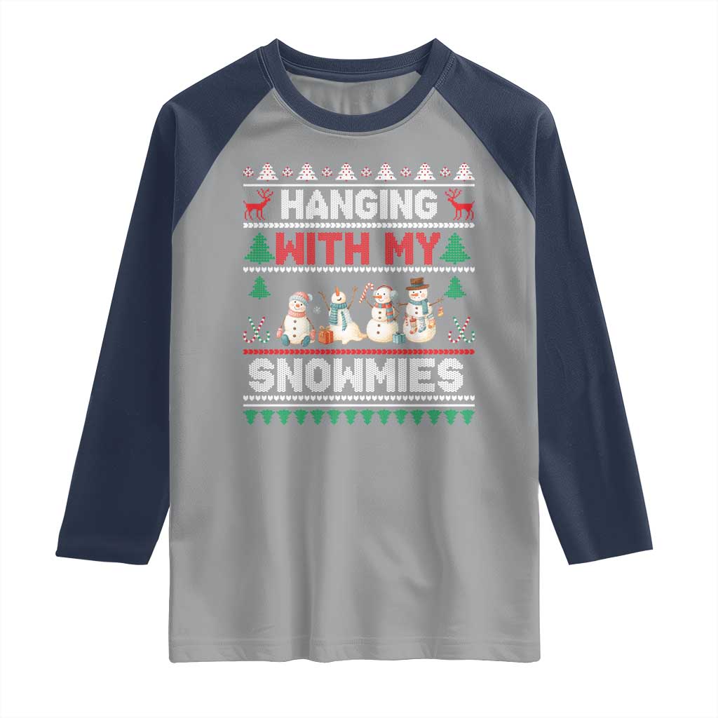 Christmas Snowman Raglan Shirt Hanging With My Snowmies Merry Xmas TS12 Sport Gray Navy Print Your Wear