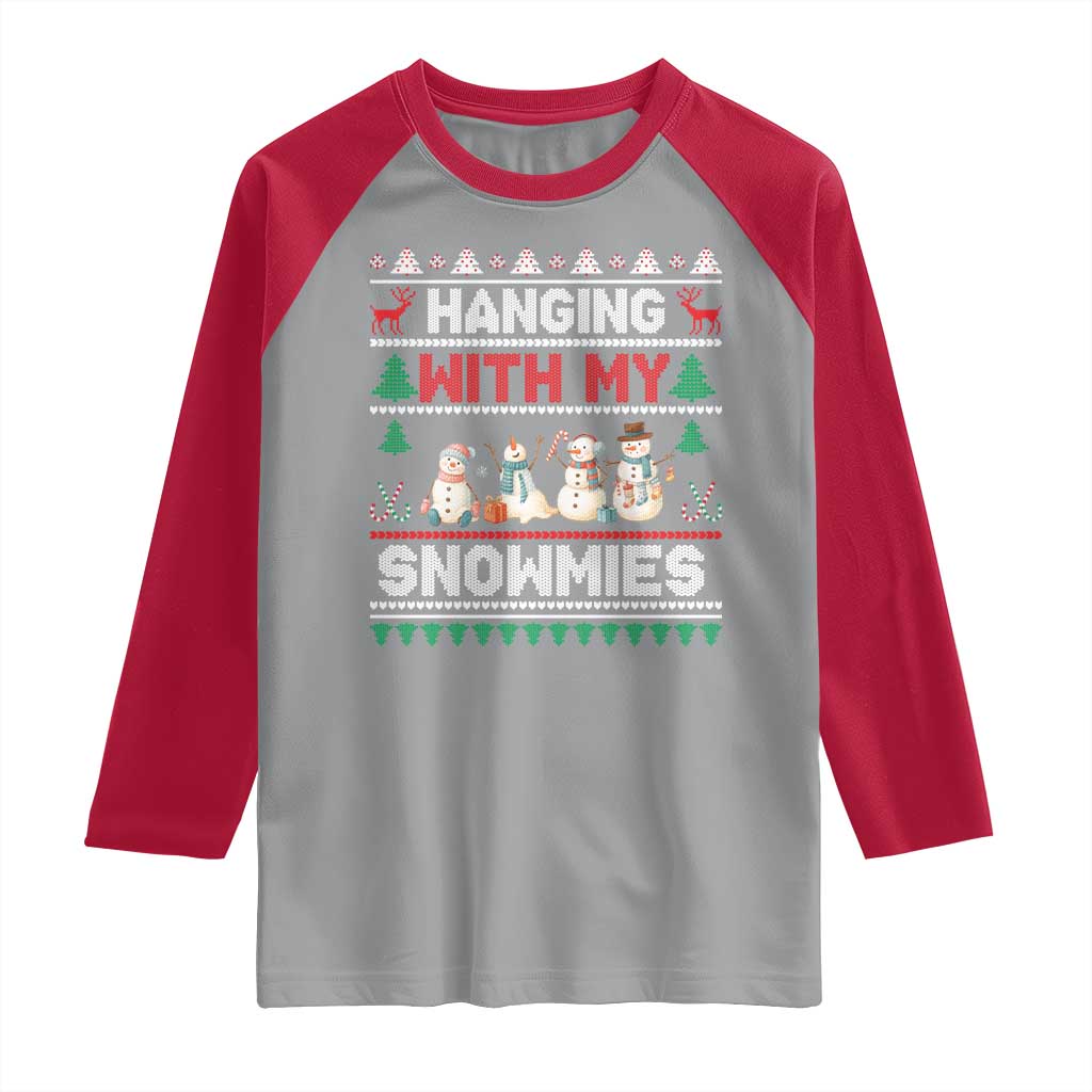 Christmas Snowman Raglan Shirt Hanging With My Snowmies Merry Xmas TS12 Sport Gray Red Print Your Wear