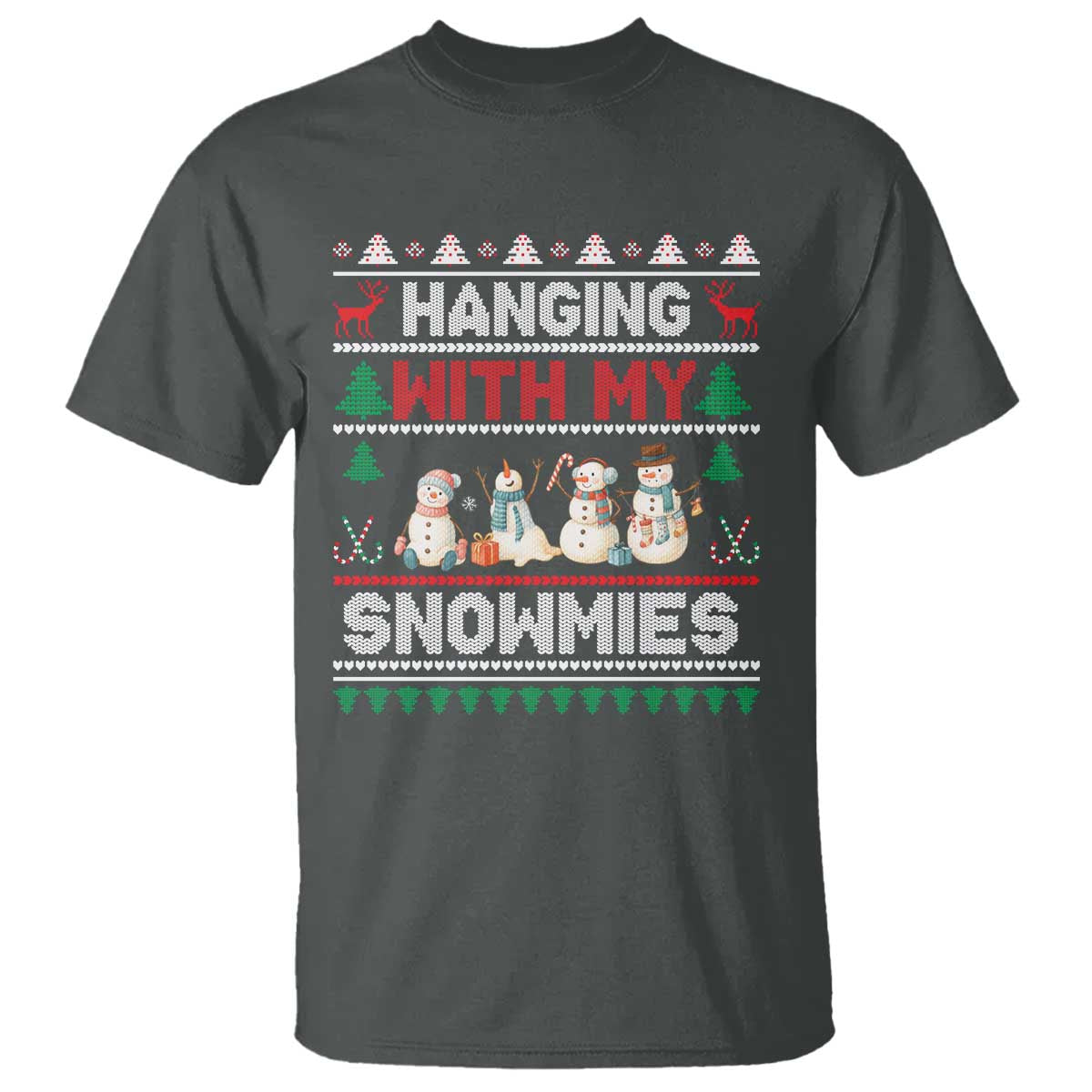Christmas Snowman T Shirt Hanging With My Snowmies Merry Xmas TS12 Dark Heather Print Your Wear