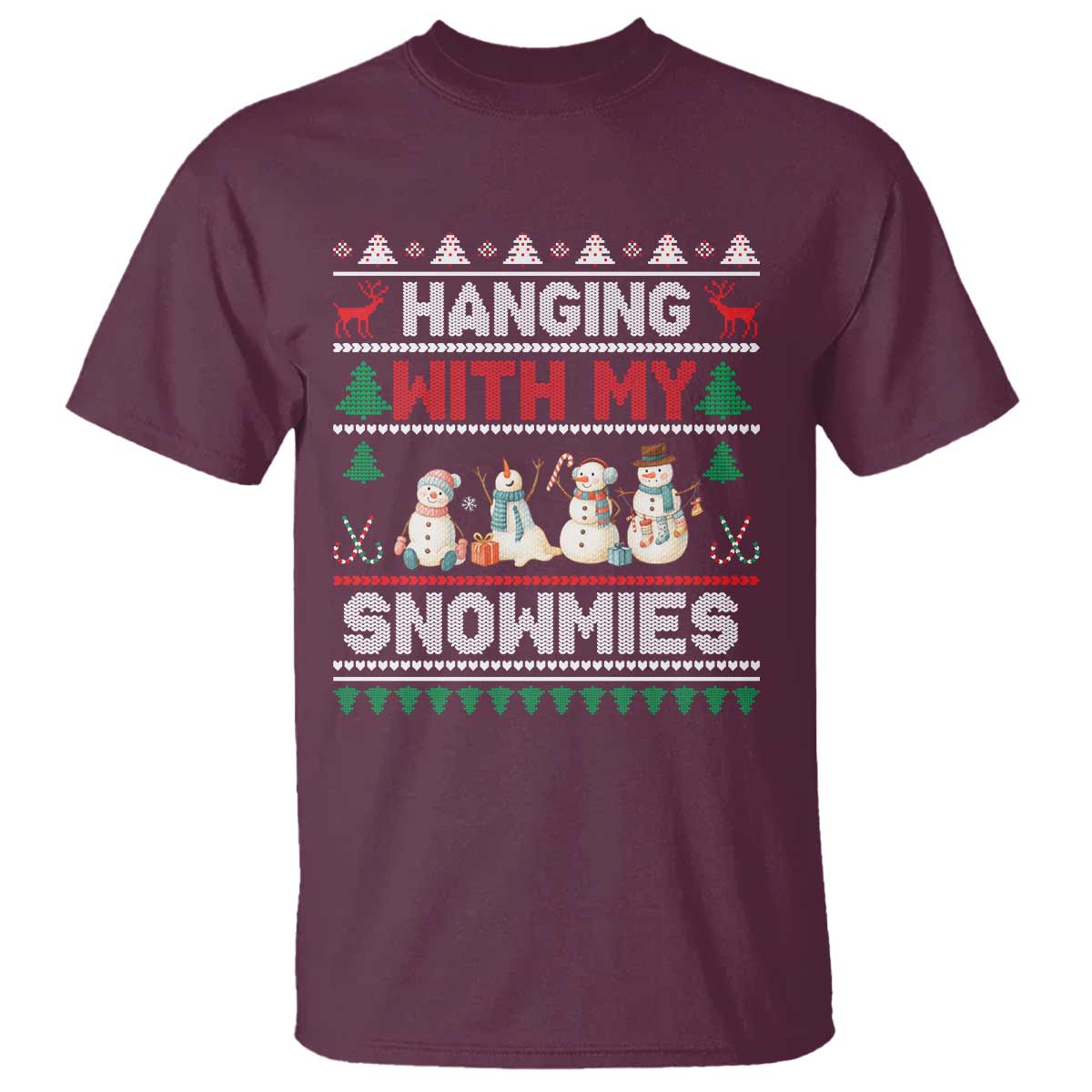Christmas Snowman T Shirt Hanging With My Snowmies Merry Xmas TS12 Maroon Print Your Wear