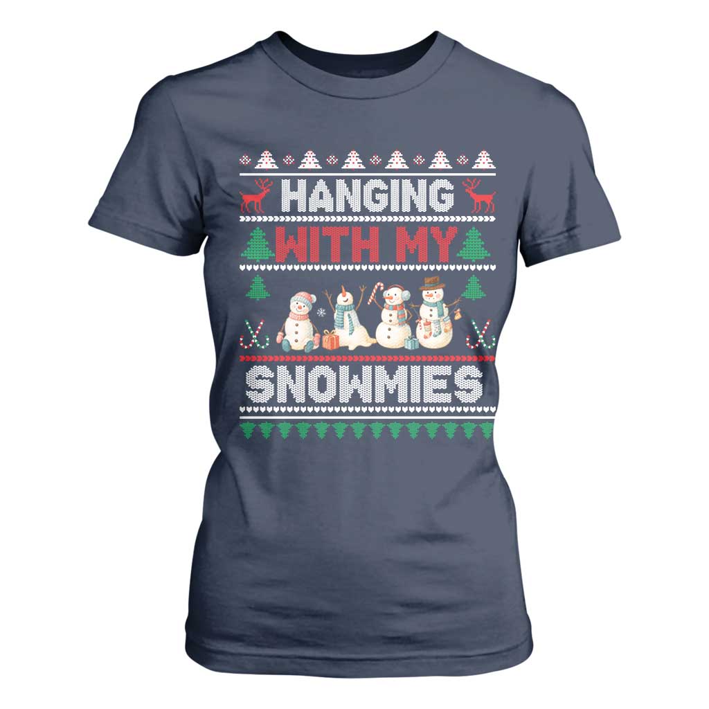 Christmas Snowman T Shirt For Women Hanging With My Snowmies Merry Xmas TS12 Navy Print Your Wear